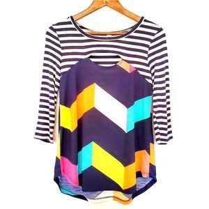 Rainbow Color Block 3/4 Sleeve Striped Shirt Blouse Size Small